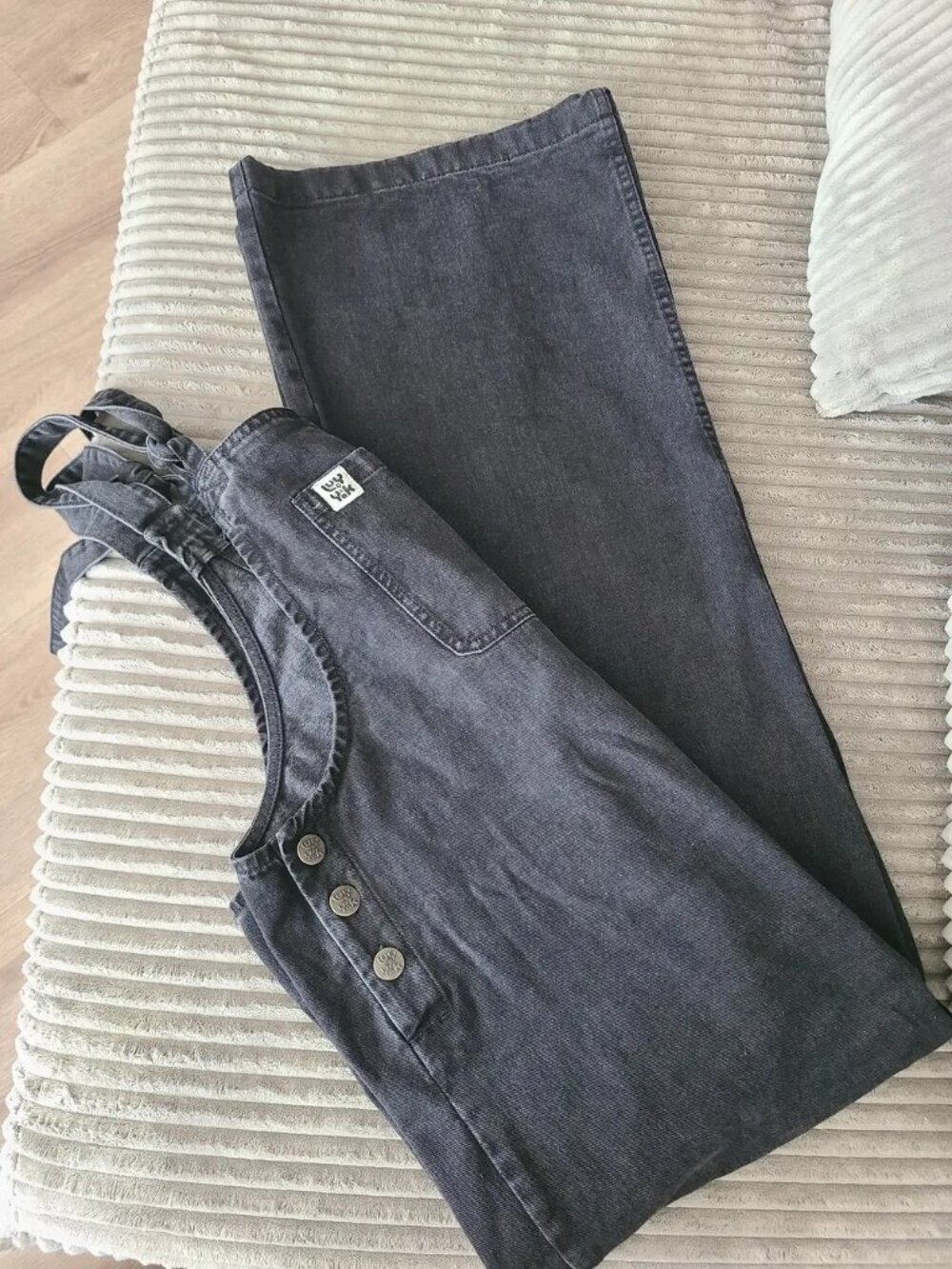 Lucy & Yak | Ali - Wide Leg Denim Dungarees in Washed Black